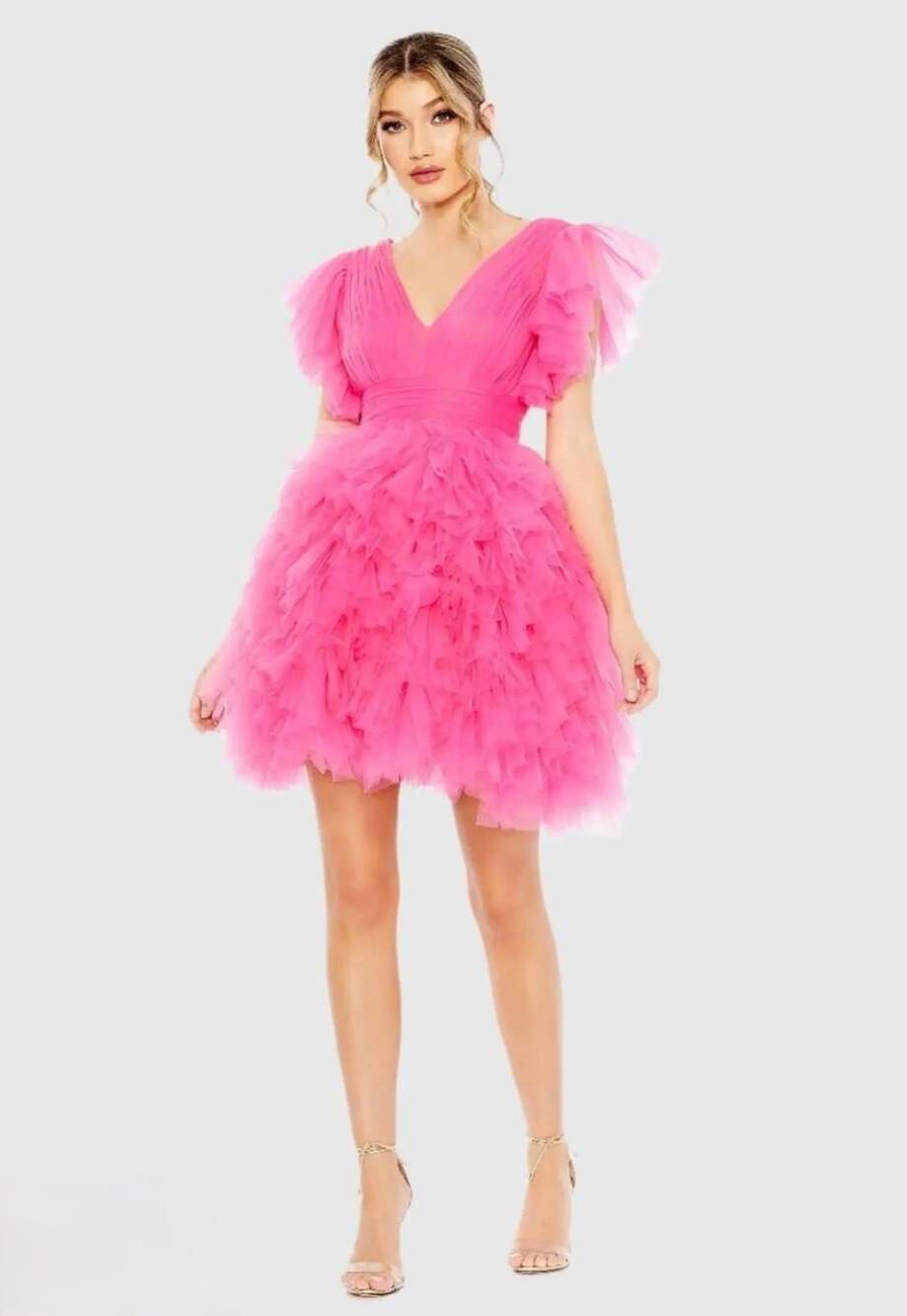 Mac Duggal Flutter Ruffle Sleeve Tiered Tulle Mini Dress Hot Pink